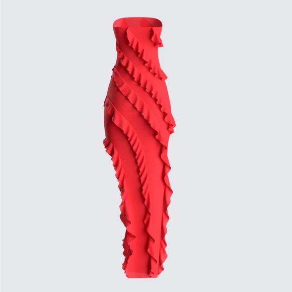 Red Mesh Ruffle Maxi Dress - Picture 3 of 8